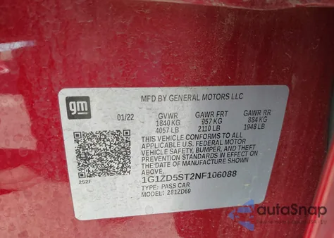 2022 Chevrolet Malibu Fwd Lt z USA, uszkodzony, nr VIN 1G1ZD5ST2NF106088